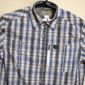 LL Bean Shirt Mens Small New Long Sleeve Button Fishing UPF50 White Blue Striped